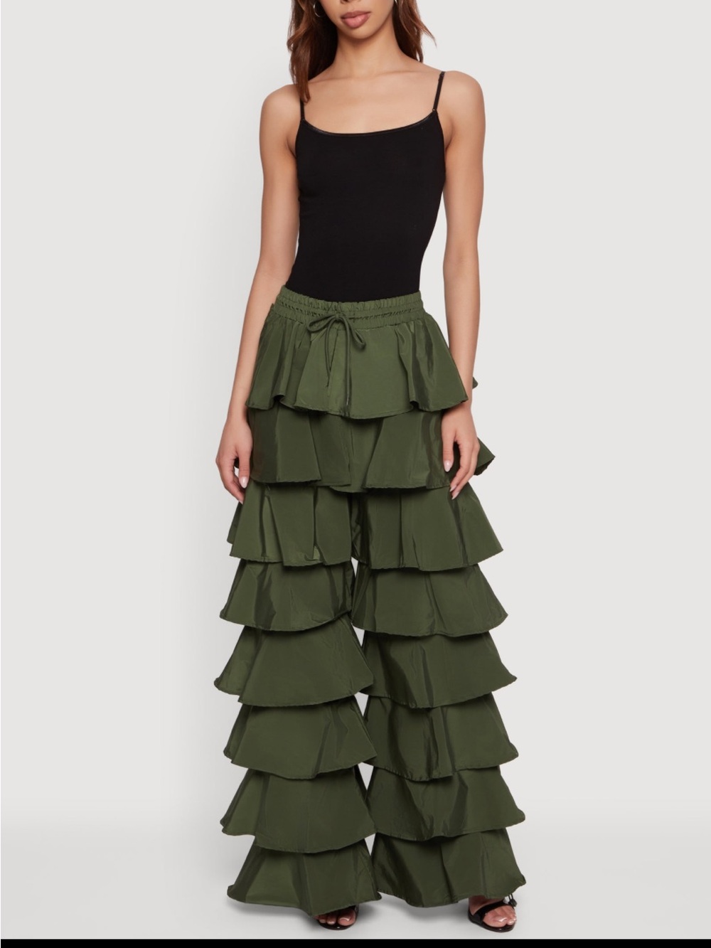 Olive Green Drawstring Elastic Waist Ruffled Tiered Baggy Pants size S